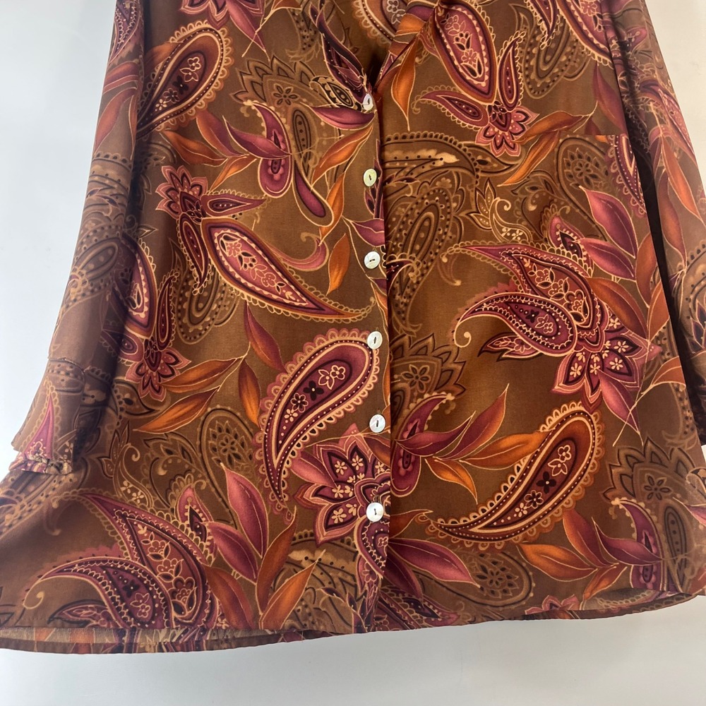 Laura Scott Blouse Women 18W Brown Paisley 3/4 Sleeve Button Front Career Top - Picture 4 of 9